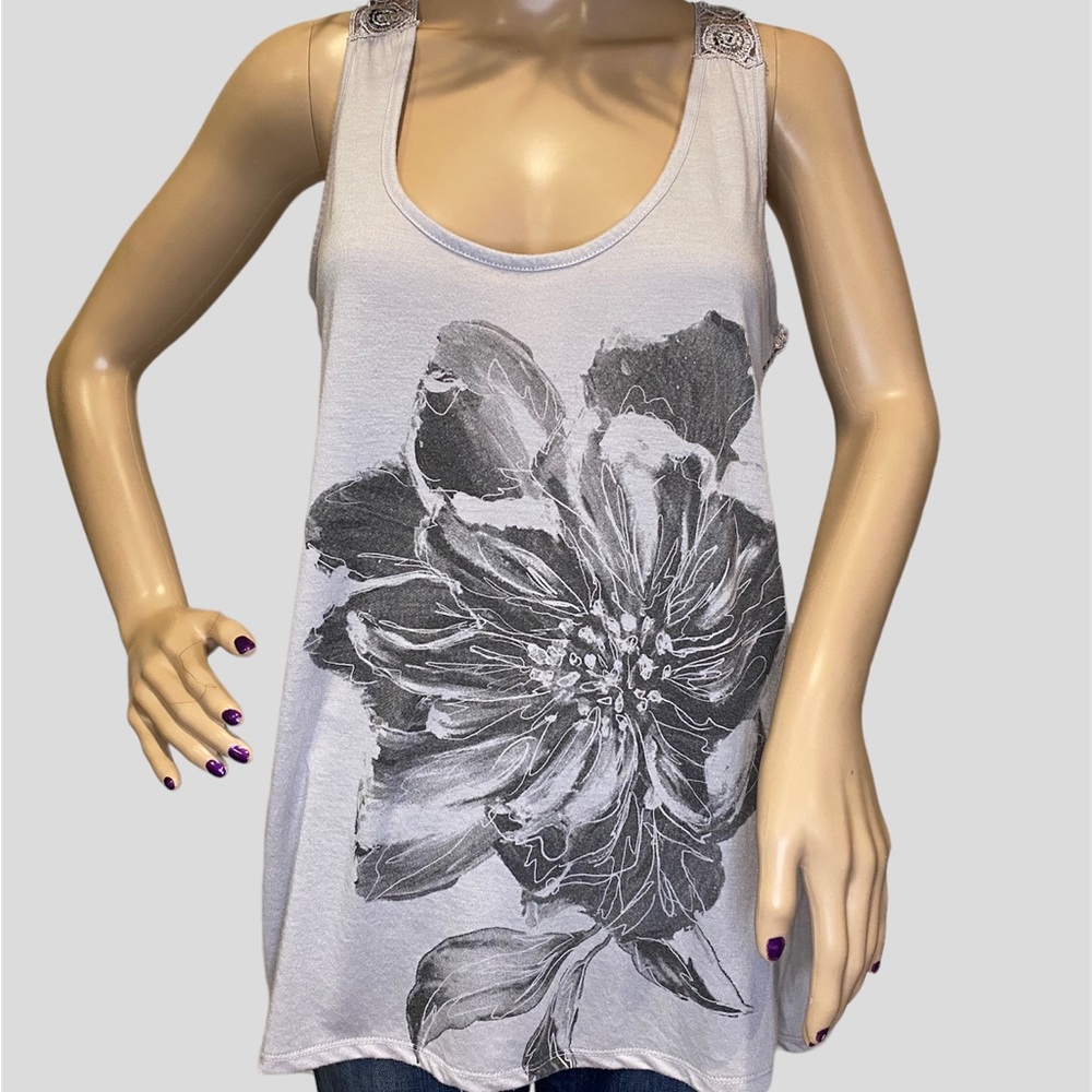 L.O.L. Collection Gray Floral Sequined Racerback Tank Top Shirt Size Medium VGC